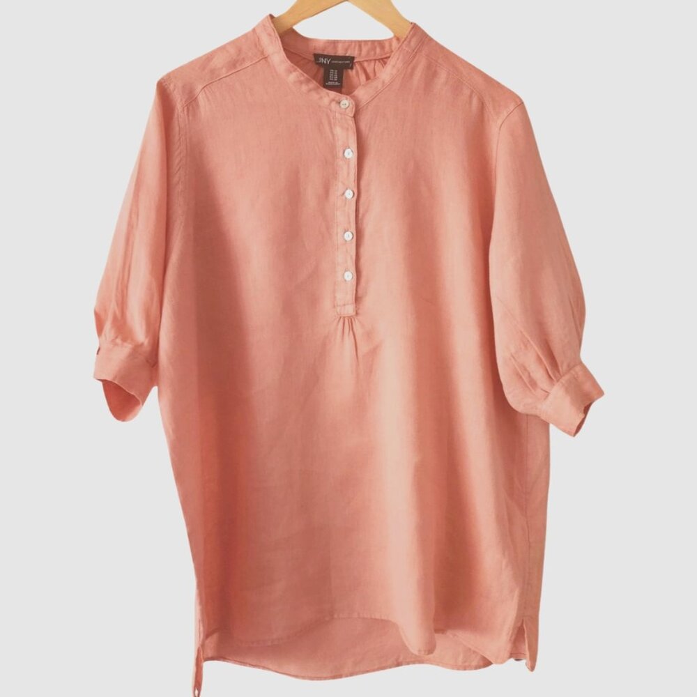 JNY Pre-loved Plus-Size 1X Pink Long-sleeve Linen Tunic. Collarless, 6 Buttons
